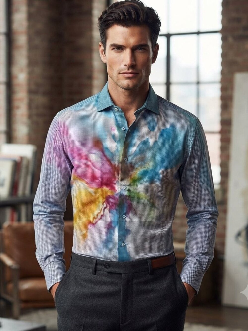 Isaia Napoli Spiral Tie Dye Shirt Neck Size 16 Size Large Rainbow Dress Plaid